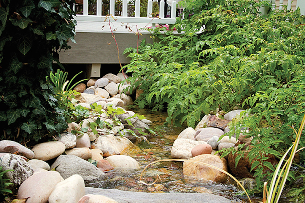 Design ideas for a large transitional backyard pond in Salt Lake City.