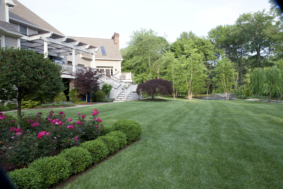 Стильный дизайн: большой регулярный сад на заднем дворе в классическом стиле с полуденной тенью и покрытием из гравия - последний тренд