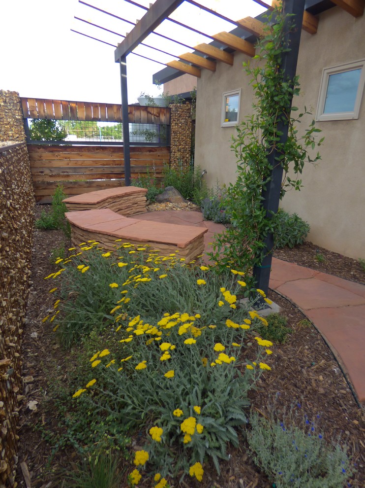 Пример оригинального дизайна: маленький солнечный, весенний засухоустойчивый сад на внутреннем дворе в стиле модернизм с садовой дорожкой или калиткой, хорошей освещенностью и покрытием из каменной брусчатки для на участке и в саду