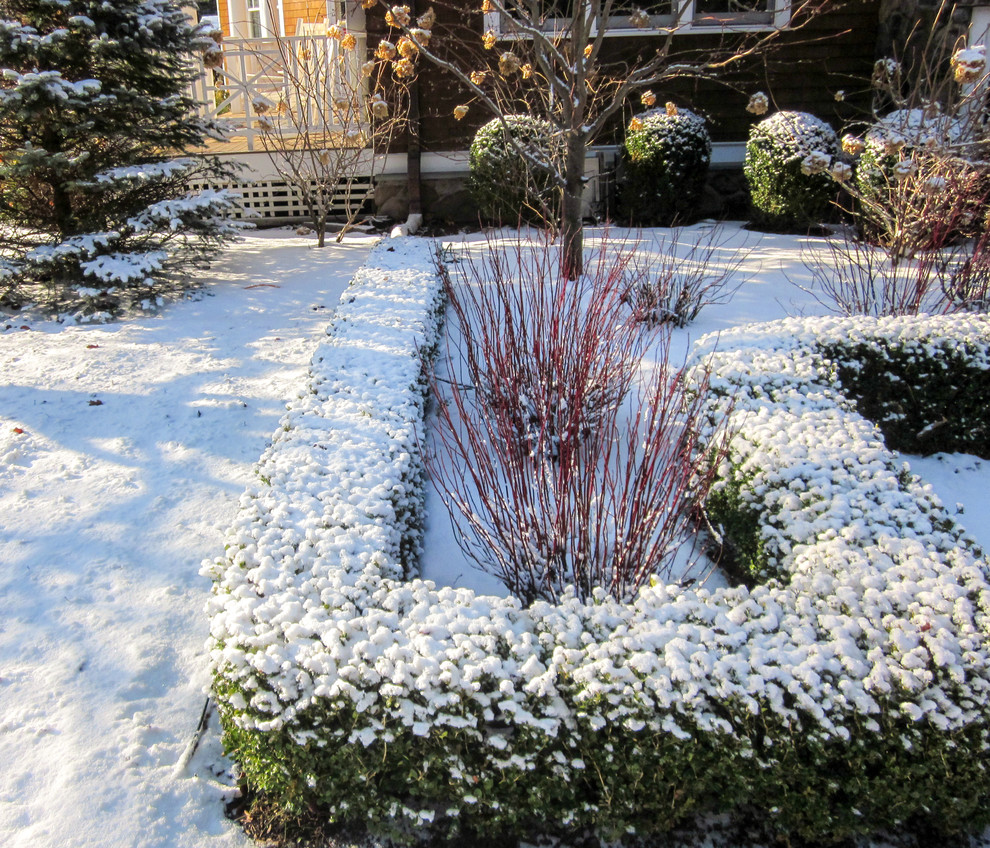 На фото: большой солнечный участок и сад зимой на внутреннем дворе в классическом стиле с хорошей освещенностью с