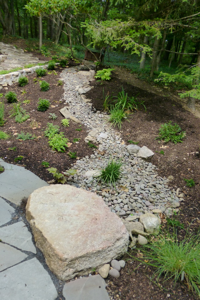 Inspiration for a large rustic drought-tolerant and partial sun side yard stone garden path in New York for summer.