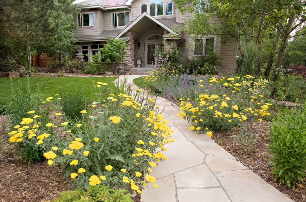 This is an example of a large transitional drought-tolerant and partial sun front yard stone garden path in Denver for spring.