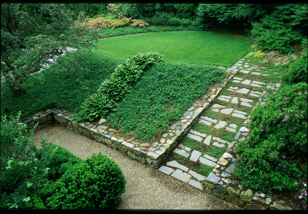 Aménagement d'un jardin classique avec une exposition ombragée et une pente, une colline ou un talus.