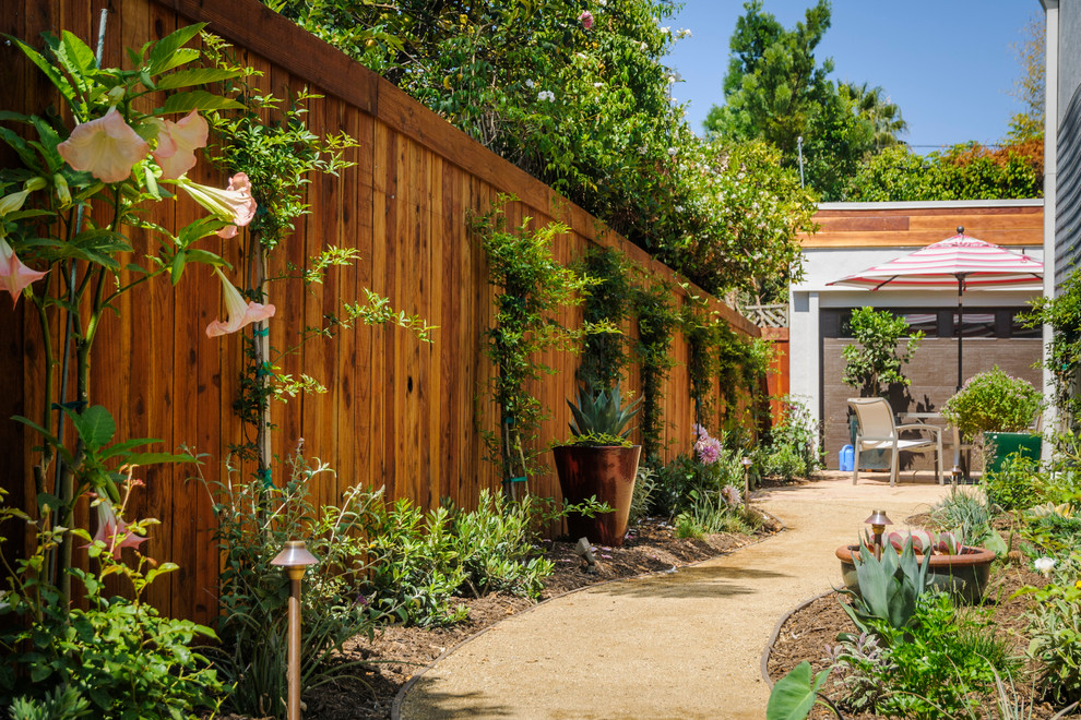 Idee per un giardino formale minimalista esposto a mezz'ombra di medie dimensioni e nel cortile laterale con un ingresso o sentiero e ghiaia