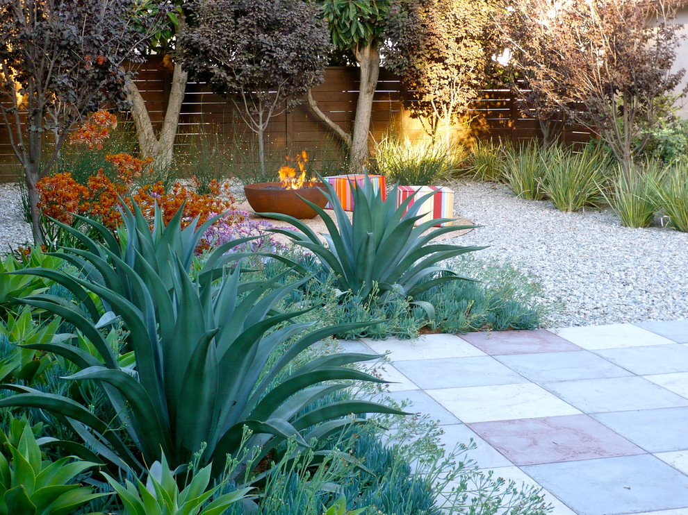 Immagine di un giardino minimalista dietro casa con un focolare e pavimentazioni in cemento