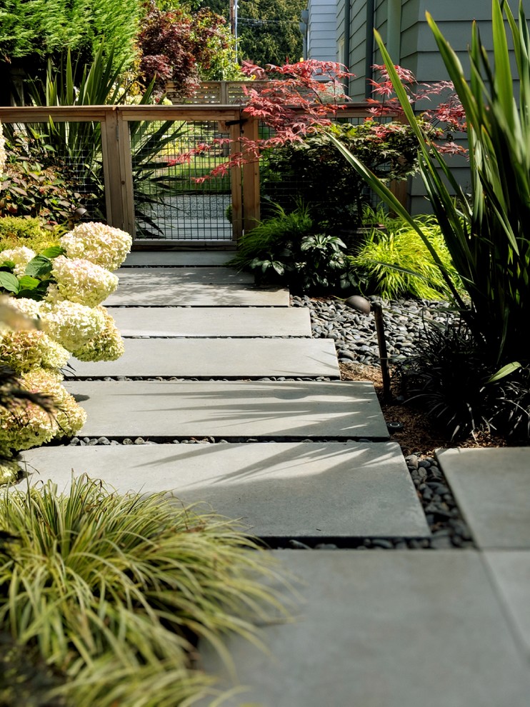 Immagine di un giardino minimalista in ombra dietro casa in estate con pavimentazioni in cemento