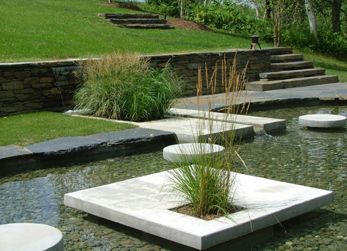 Foto di un giardino minimal esposto a mezz'ombra di medie dimensioni e dietro casa in primavera con fontane e pavimentazioni in pietra naturale