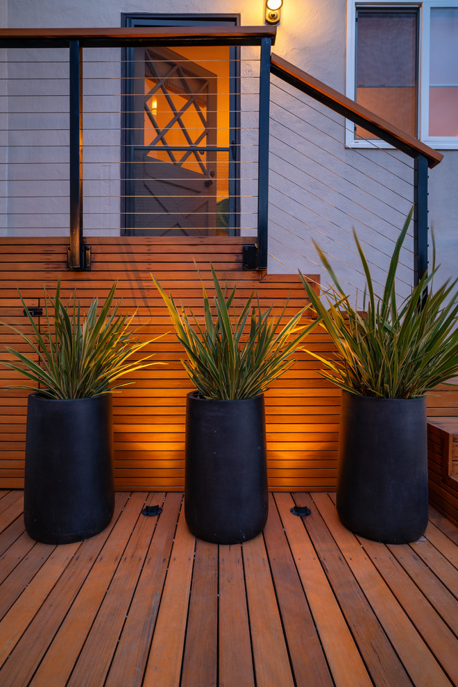 Immagine di un piccolo giardino minimalista esposto in pieno sole dietro casa con un giardino in vaso e pedane