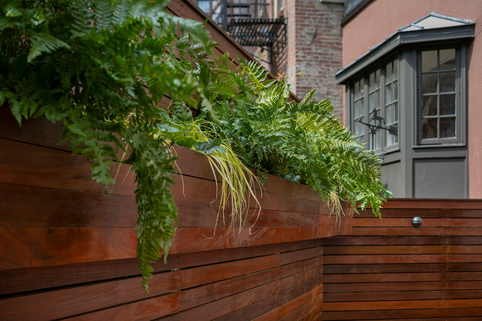 This is an example of a small contemporary back garden in New York with brick paving.