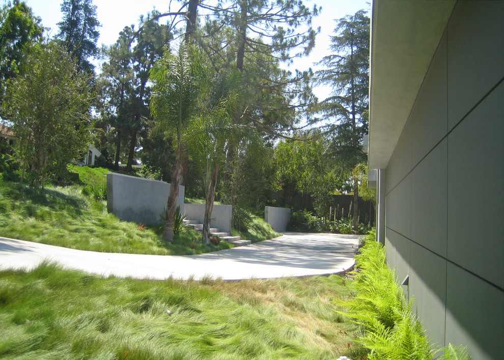 Immagine di un grande vialetto d'ingresso minimalista esposto in pieno sole davanti casa con un muro di contenimento e pavimentazioni in cemento
