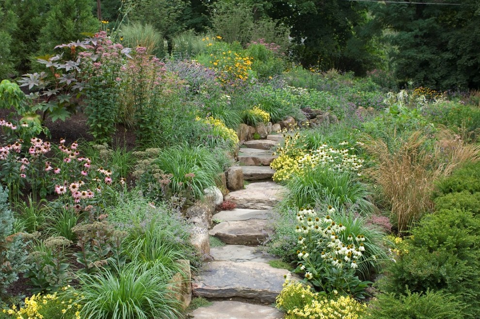 Imagen de jardín actual en verano con exposición total al sol y adoquines de piedra natural