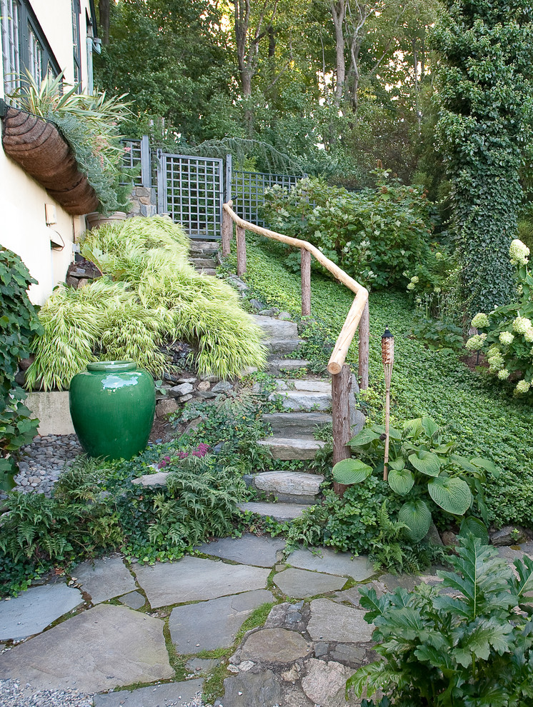 Inspiration för eklektiska trädgårdar i skuggan längs med huset, med naturstensplattor