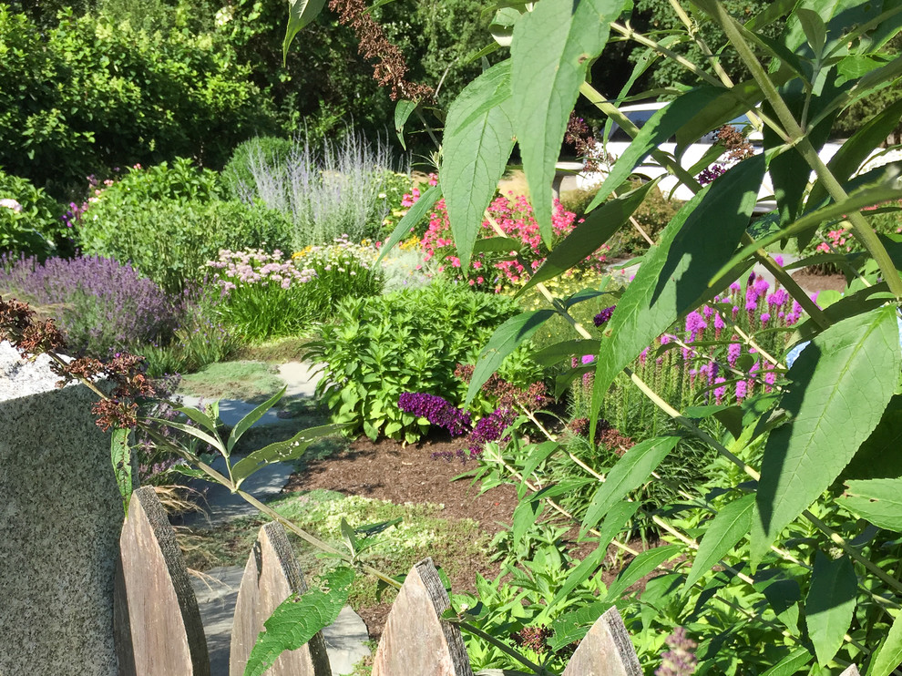 Inspiration för små maritima trädgårdar i full sol som tål torka och framför huset på sommaren, med en trädgårdsgång