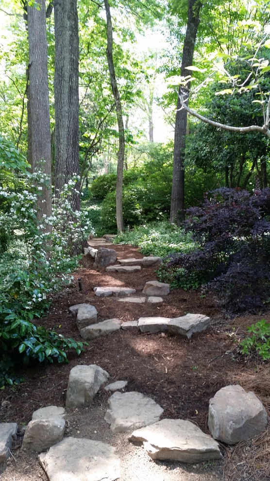 Design ideas for a small rustic sloped fully shaded garden in Charlotte with a garden path and natural stone paving.
