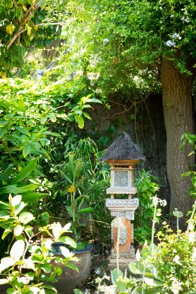 Imagen de jardín exótico grande en patio trasero con camino de entrada, exposición parcial al sol y adoquines de ladrillo