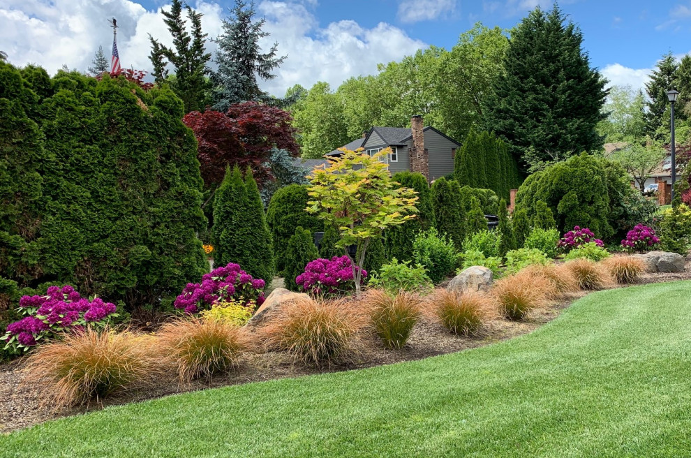 Immagine di un grande giardino moderno esposto in pieno sole davanti casa con sassi e rocce