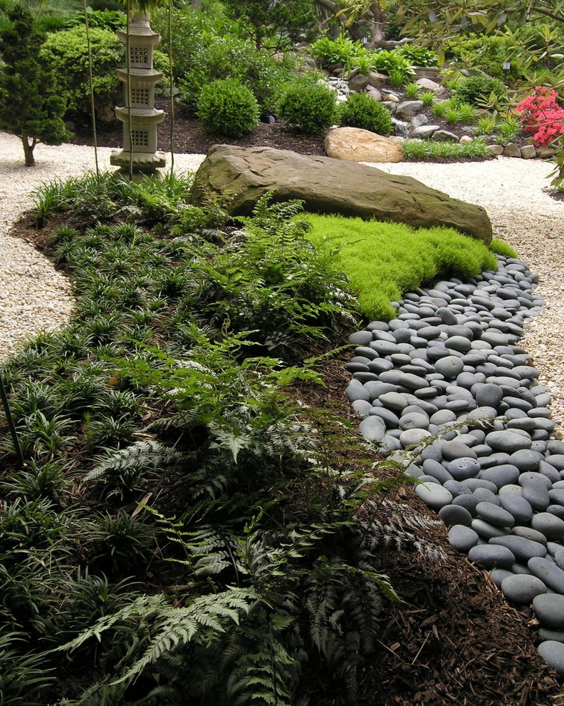 Idée de décoration pour un grand jardin avant asiatique l'hiver avec une exposition partiellement ombragée et du gravier.