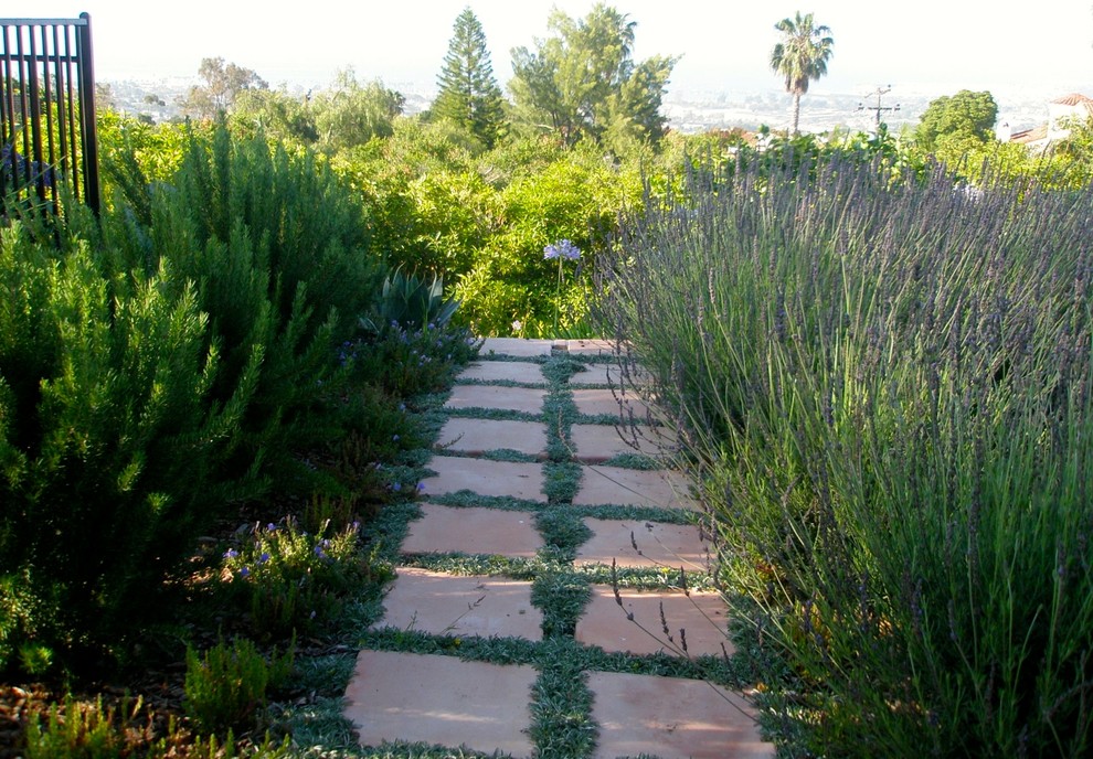 Kleiner, Halbschattiger Mediterraner Garten im Sommer mit Pflastersteinen in Santa Barbara