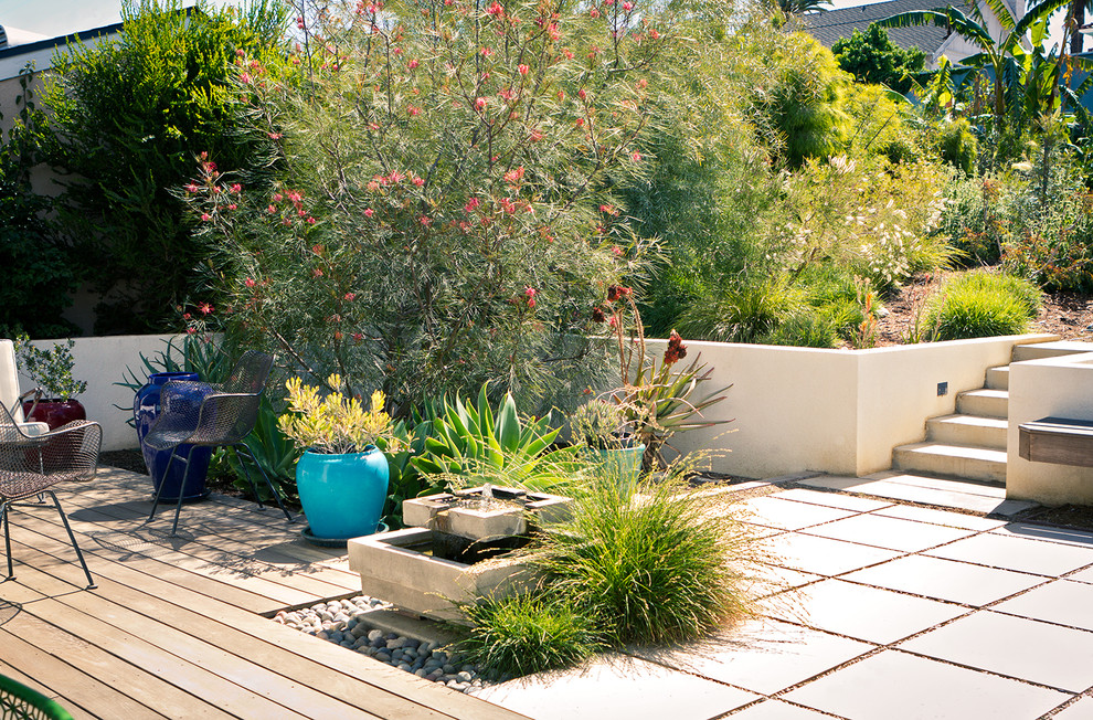 Пример оригинального дизайна: маленький засухоустойчивый сад на заднем дворе в современном стиле с подпорной стенкой и мощением тротуарной плиткой для на участке и в саду