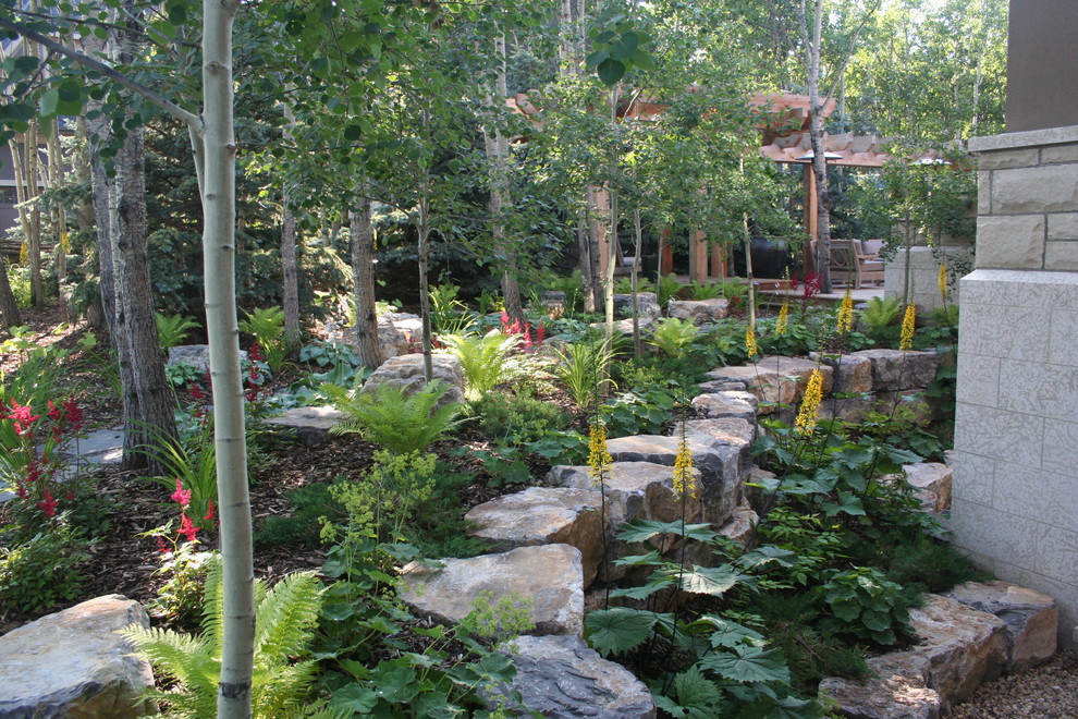 Immagine di un grande giardino moderno nel cortile laterale con un muro di contenimento e pacciame