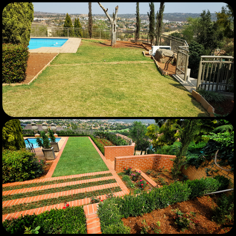 Идея дизайна: огромный регулярный сад на склоне в средиземноморском стиле с высокими грядками и мощением клинкерной брусчаткой