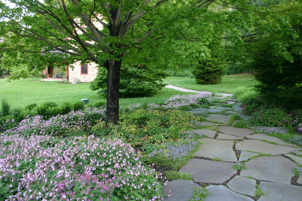 Exempel på en mellanstor trädgård i delvis sol framför huset på våren, med en trädgårdsgång och naturstensplattor