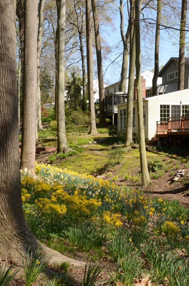 Cette photo montre un grand jardin arrière chic avec une exposition partiellement ombragée.