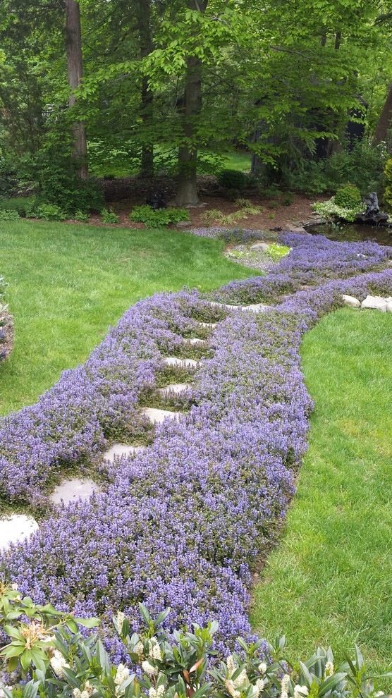 Großer, Schattiger Klassischer Gartenweg im Frühling, hinter dem Haus mit Natursteinplatten in Washington, D.C.
