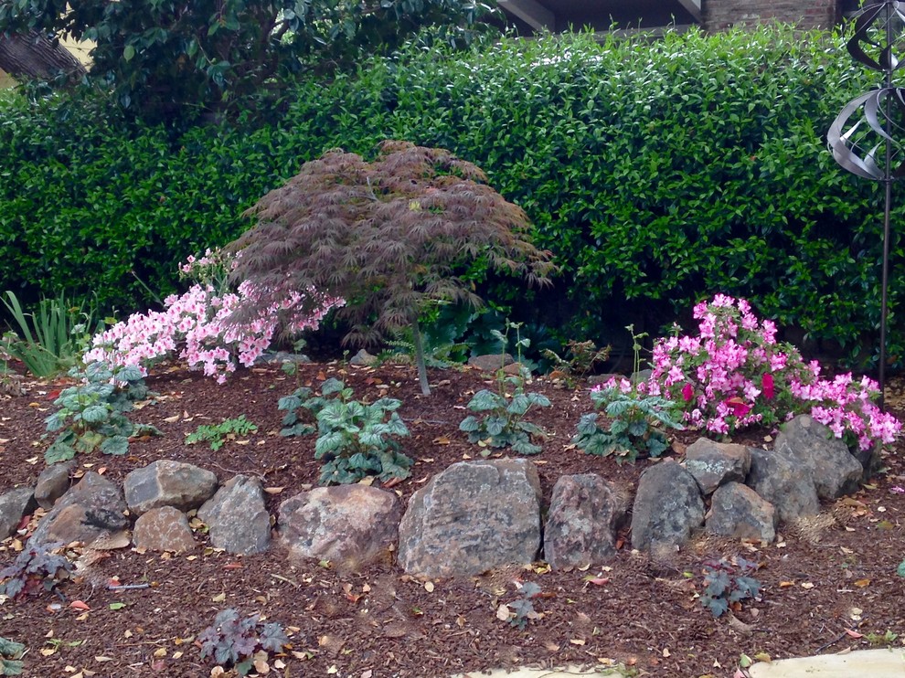 This is an example of a mid-sized rustic shade front yard mulch landscaping in San Francisco for spring.