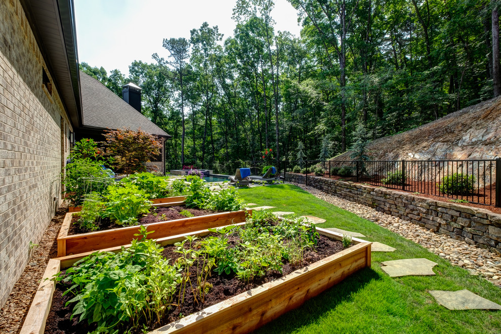 Idéer för att renovera en mellanstor funkis trädgård i full sol längs med huset, med naturstensplattor