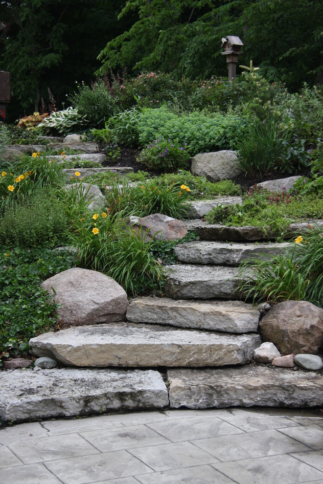 Design ideas for a contemporary sloped fully shaded garden steps for summer in Indianapolis.