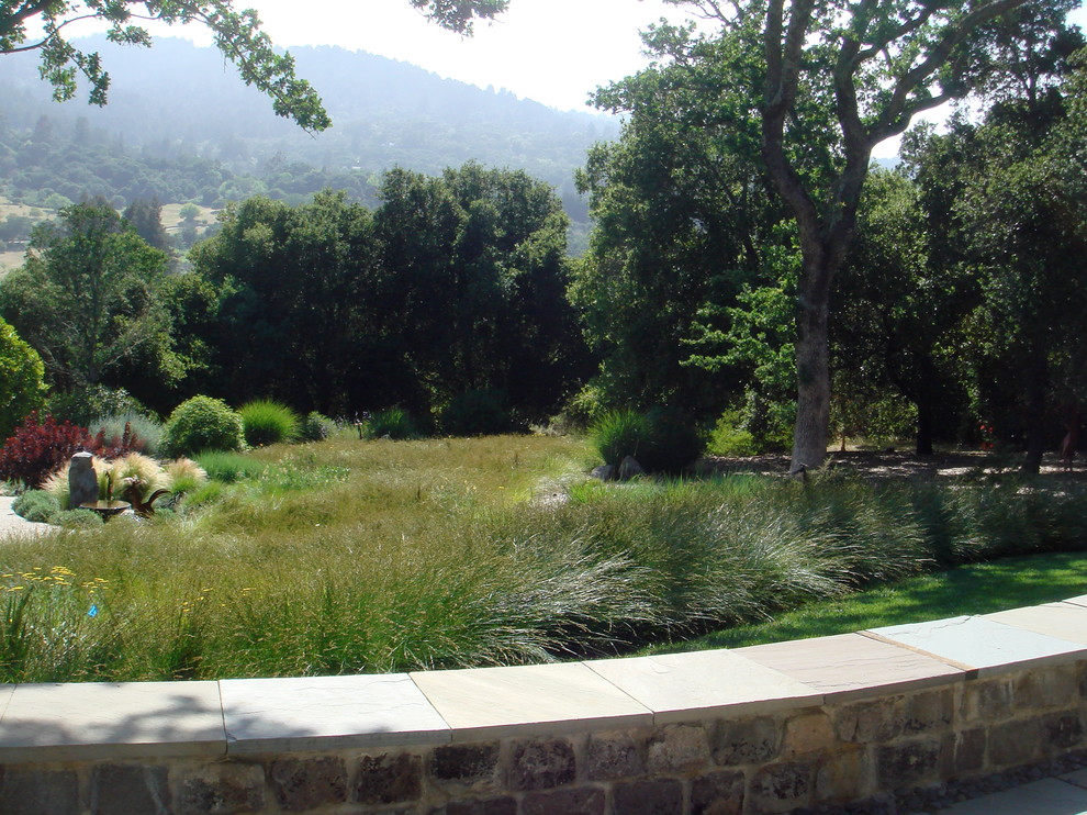 Idee per un grande giardino tradizionale esposto in pieno sole in primavera con un ingresso o sentiero, pavimentazioni in cemento e un pendio, una collina o una riva