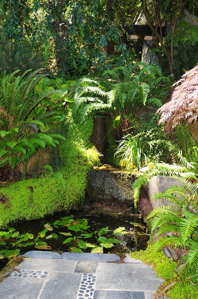 Cette image montre un jardin bohème avec un point d'eau.