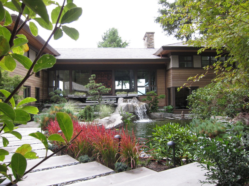 Design ideas for a contemporary garden in Vancouver with a water feature.