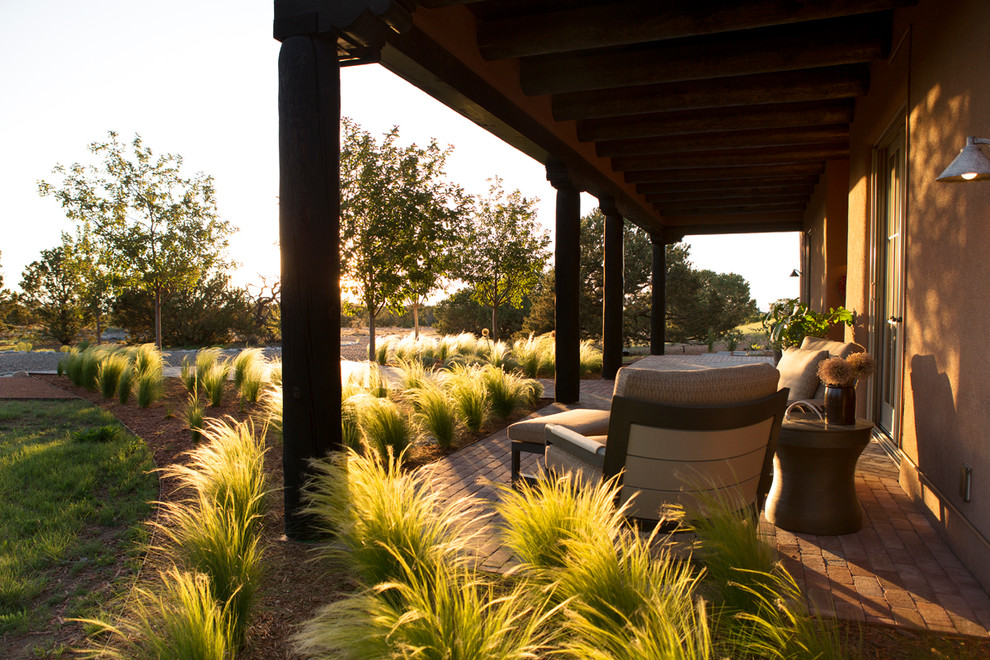 Inspiration for a contemporary back xeriscape full sun garden for summer in Albuquerque with brick paving.