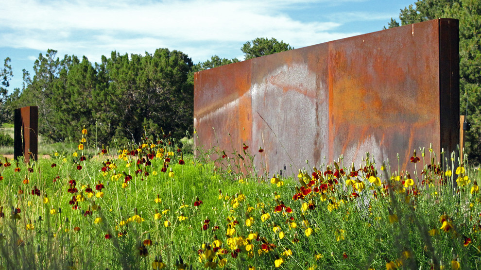 This is an example of a contemporary back xeriscape full sun garden for summer in Albuquerque.