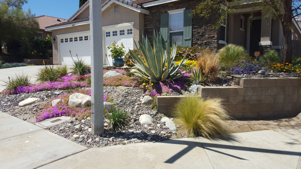 Design ideas for a medium sized nautical front xeriscape full sun garden for summer in Los Angeles with a desert look and mulch.