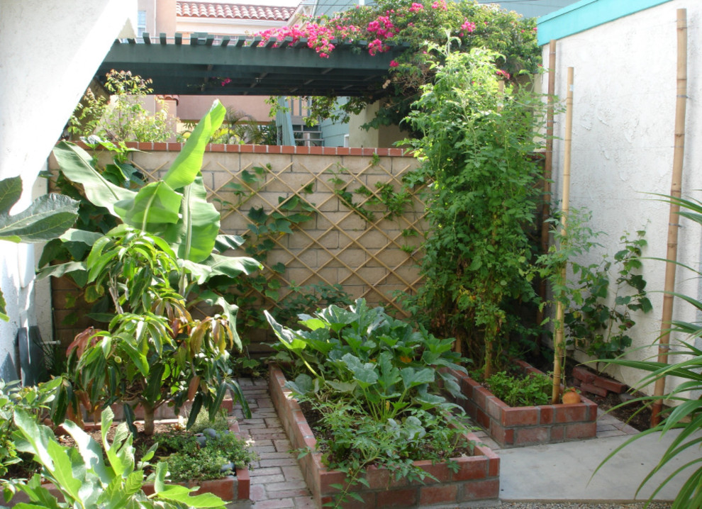 Inspiration for a small nautical back partial sun garden for summer in Los Angeles with a retaining wall and brick paving.