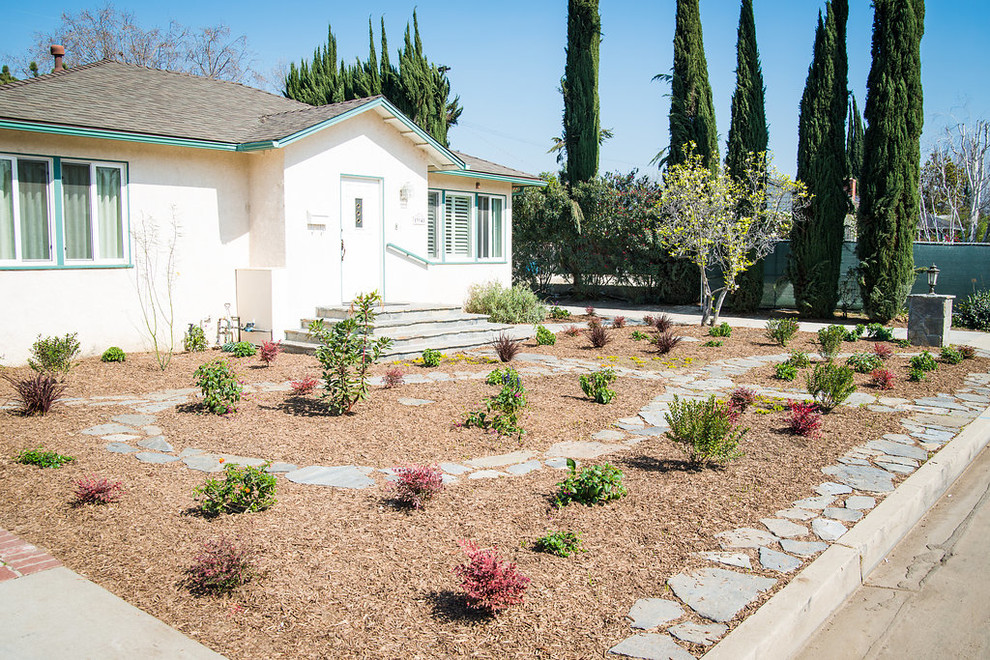 Mittelgroßer Moderner Vorgarten im Frühling mit direkter Sonneneinstrahlung und Mulch in Los Angeles
