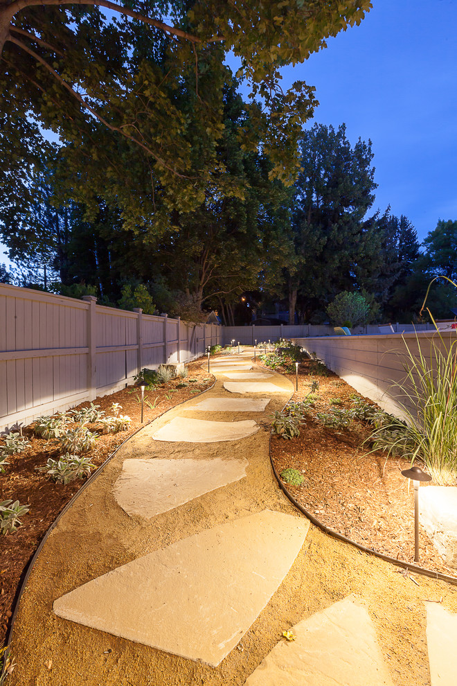 Cette image montre un aménagement d'entrée ou allée de jardin arrière minimaliste de taille moyenne et l'été avec une exposition ombragée et des pavés en pierre naturelle.