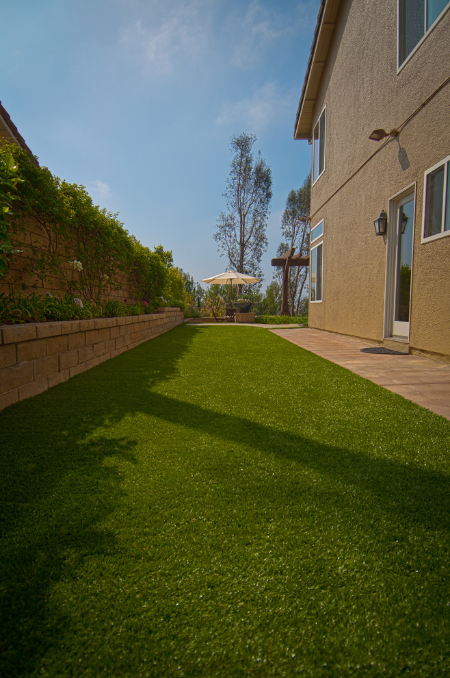 Mittelgroßer Mediterraner Garten im Frühling, hinter dem Haus mit Rasenkanten, direkter Sonneneinstrahlung und Betonboden in Orange County