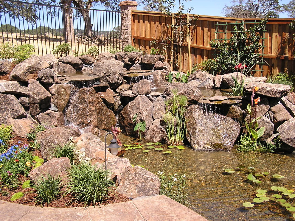 Ispirazione per un laghetto da giardino classico esposto in pieno sole di medie dimensioni e dietro casa con pacciame