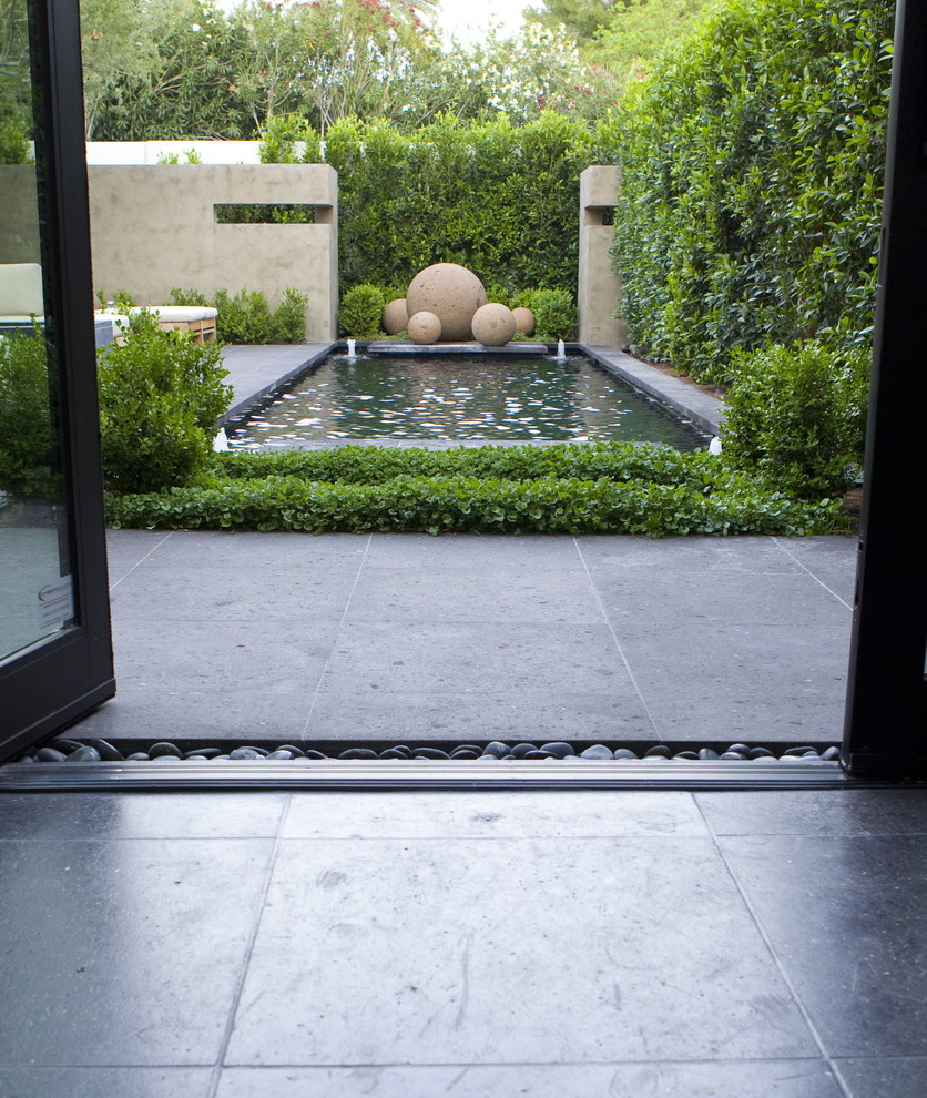 Идея дизайна: участок и сад на заднем дворе в современном стиле с покрытием из каменной брусчатки