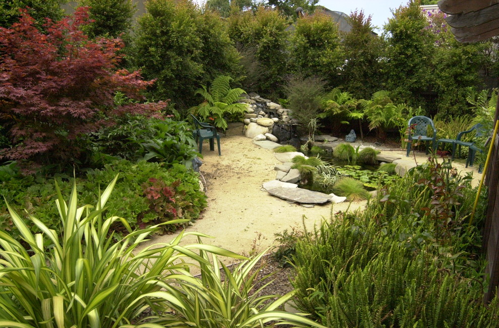 Kleiner, Geometrischer, Halbschattiger Asiatischer Gartenteich hinter dem Haus, im Frühling mit Granitsplitt in San Francisco
