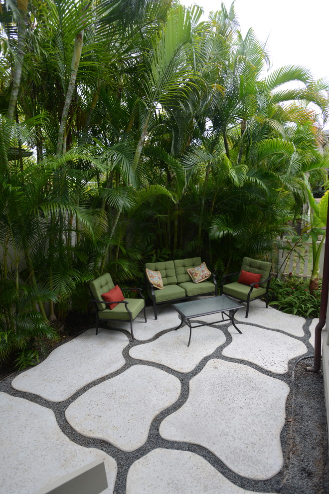 Idéer för en mellanstor exotisk trädgård i delvis sol längs med huset på sommaren, med marksten i betong och en trädgårdsgång