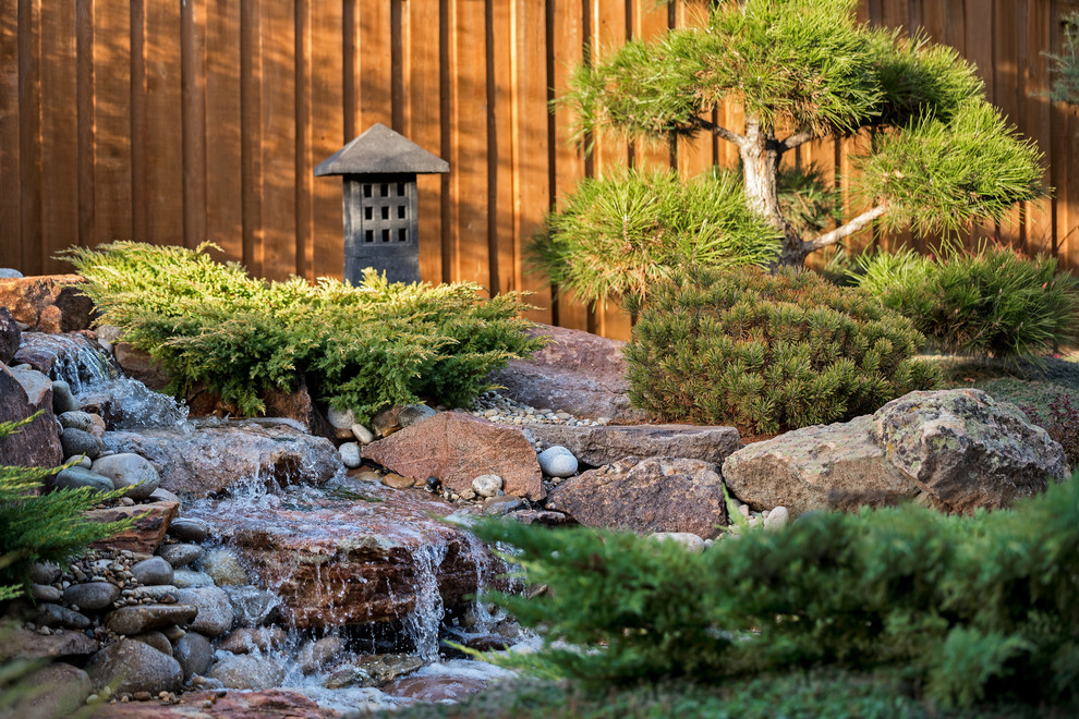 Geometrischer, Mittelgroßer, Halbschattiger Asiatischer Garten im Herbst, hinter dem Haus in Boise
