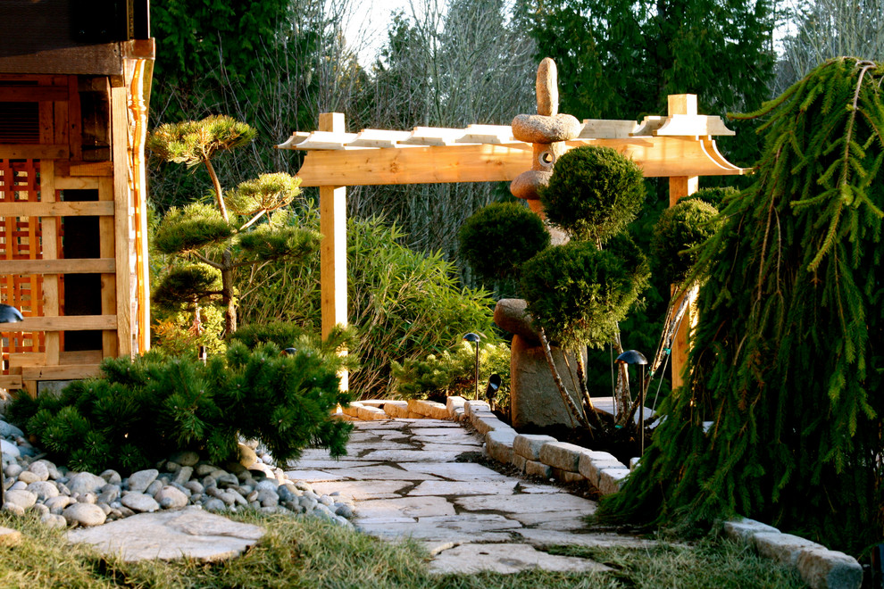 This is an example of an asian partial sun backyard stone garden path in Vancouver.