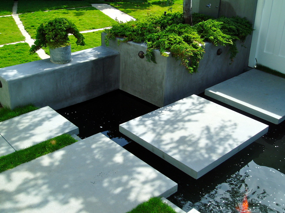 Foto di un laghetto da giardino minimal esposto in pieno sole di medie dimensioni e davanti casa in primavera con pavimentazioni in cemento