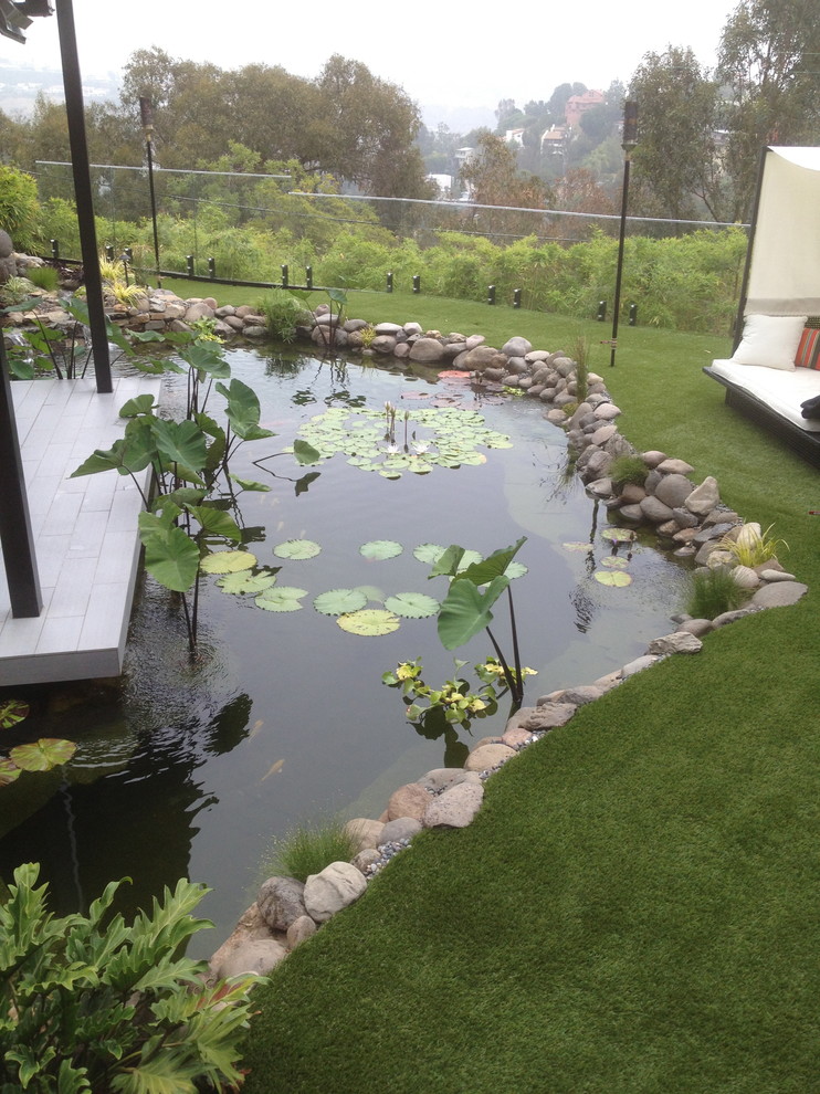 Design ideas for a modern partial sun backyard concrete paver pond in Los Angeles.