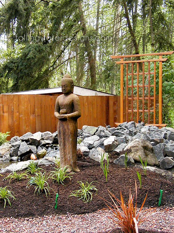 Inspiration for an expansive world-inspired back formal partial sun garden in Seattle with a water feature and natural stone paving.